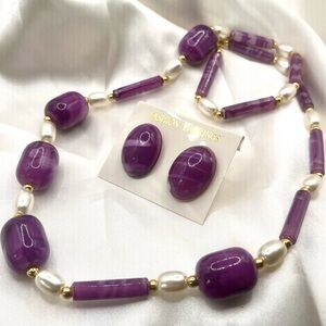 Purple and Gold Beaded Necklace and Earring Set